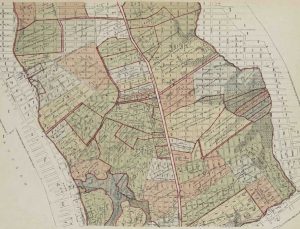 Map from Iconography of Manhattan from 23rd Street to just below Canal Street which illustrates original landholdings.