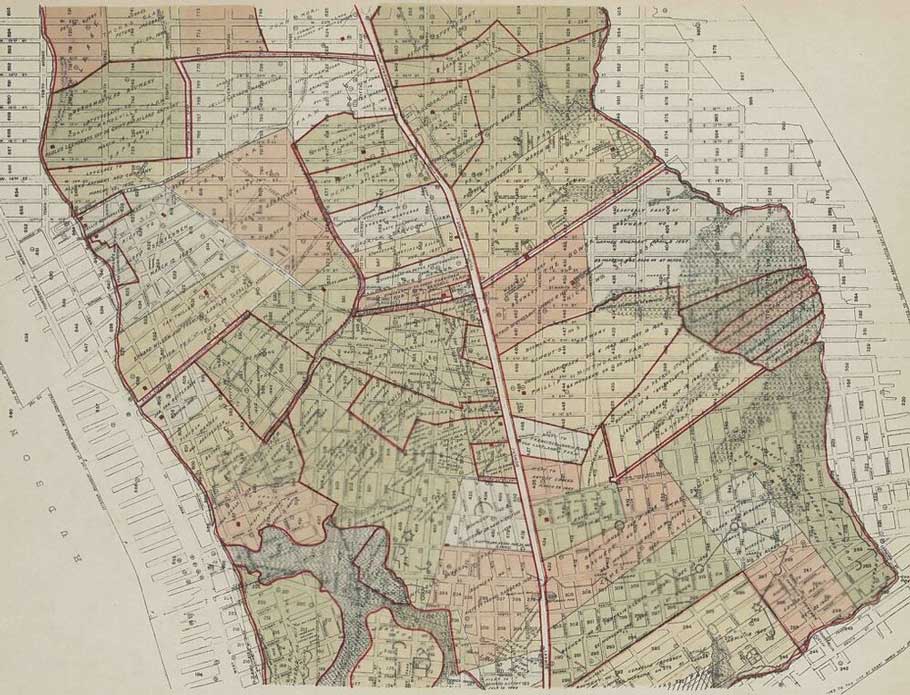 Map from Iconography of Manhattan from 23rd Street to just below Canal Street which illustrates original landholdings.