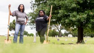 Tulsa City Councilor Vanessa Hall-Harper and local activist Kristi Williams at Oaklawn Cemetery, where the city will dig for a possible mass grave from the 1921 Race Massacre.