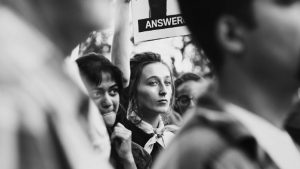 Anti-racist white student at protest against hate speech at the University of a Southern California.