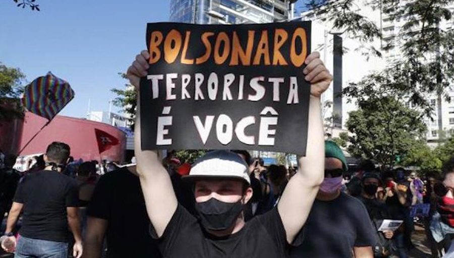 Dozens of people participate in a protest against Brazil’s President Jair Bolsonaro, Sao Paulo, Brazil, June 7, 2020.