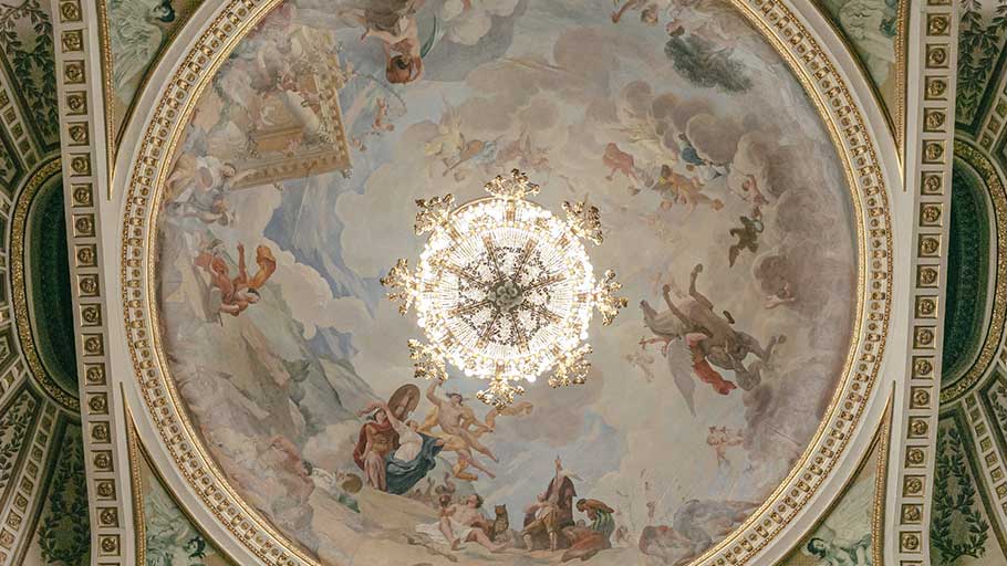 A fresco on the ceiling of a Bordeaux theater showing the city’s 18th-century wealth, which was based in part on slavery-based commerce. 