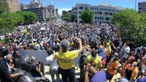 Saturday, May 30, 2020 - A rally and march by People’s Organization Progress is held to protest the police killing of George Floyd. The (now former) officer, Derek Michael Chauvinhas been charged with 3rd degree and manslaughter.