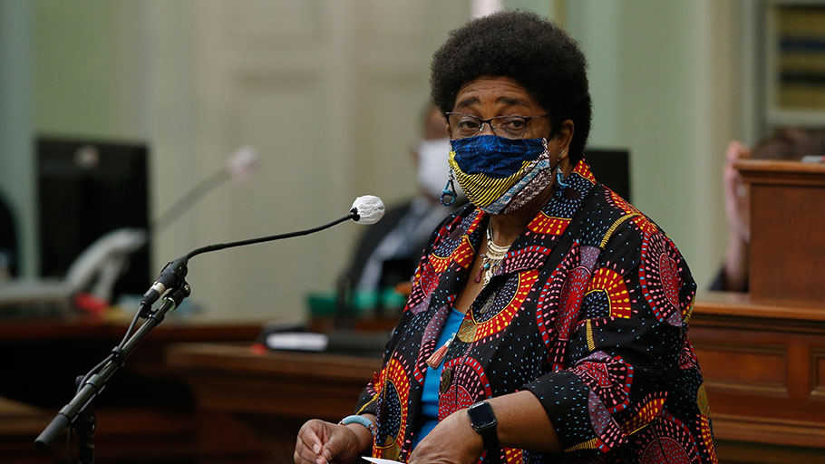 Assemblywoman Shirley Weber, D-San Diego, wears a face mask as she calls on lawmakers to create a task force to study and develop reparation proposals for African Americans, during the Assembly session in Sacramento, Calif., Thursday, June 11, 2020. The Assembly approved the bill that now goes to the Senate.