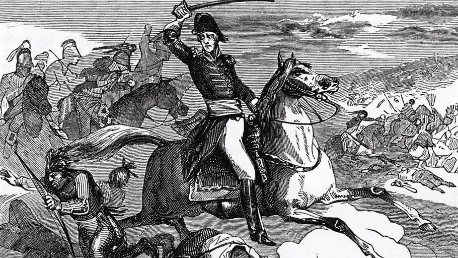 A print of U.S. President Andrew Jackson at the Battle of Tallushatchee, 1813.