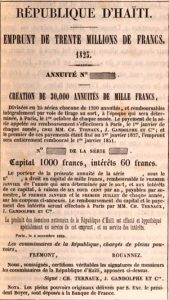 A facsimile of the bank note for the 30 million francs that Haiti borrowed from a French bank.