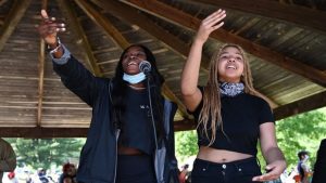 Deante Campbell and Olivia Levine, right, during the Black Lives Matter protest in Sanford on June 6.