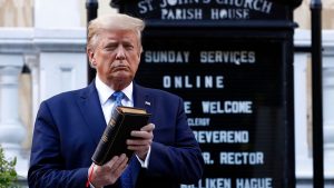 Donald Trump posing with a Bible in front of the parish house of St. John's Episcopal Church amid racial injustice protests.