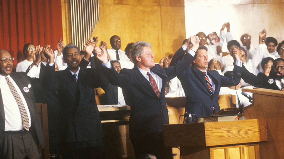Black church members are seen as key to a candidate’s election victory; here, Governor Bill Clinton and Senator Al Gore attend service at the Olivet Baptist Church in Cleveland, Ohio during the Clinton-Gore 1992 campaign.