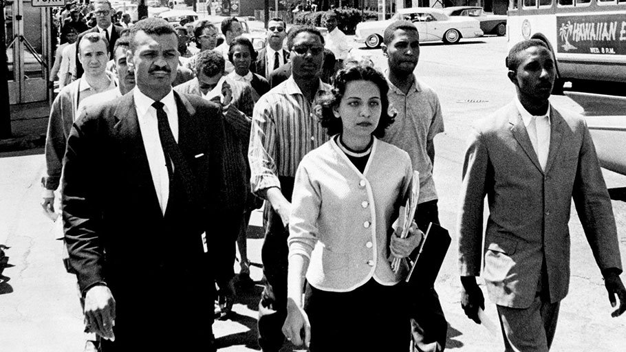 Black leaders march down Jefferson Street at the head of a group of 3000 demonstrators April 19, 1960, and heading toward City Hall on the day of the Z. Alexander Looby bombing. In the first row, are the Rev. C.T. Vivian, left, Diane Nash of Fisk, and Bernard Lafayette of American Baptist Seminary. In the second row are Kenneth Frazier and Curtis Murphy of Tennessee A&I, and Rodney Powell of Meharry. Using his handkerchief in the third row is the Rev. James Lawson, one of the advisors to the students.
