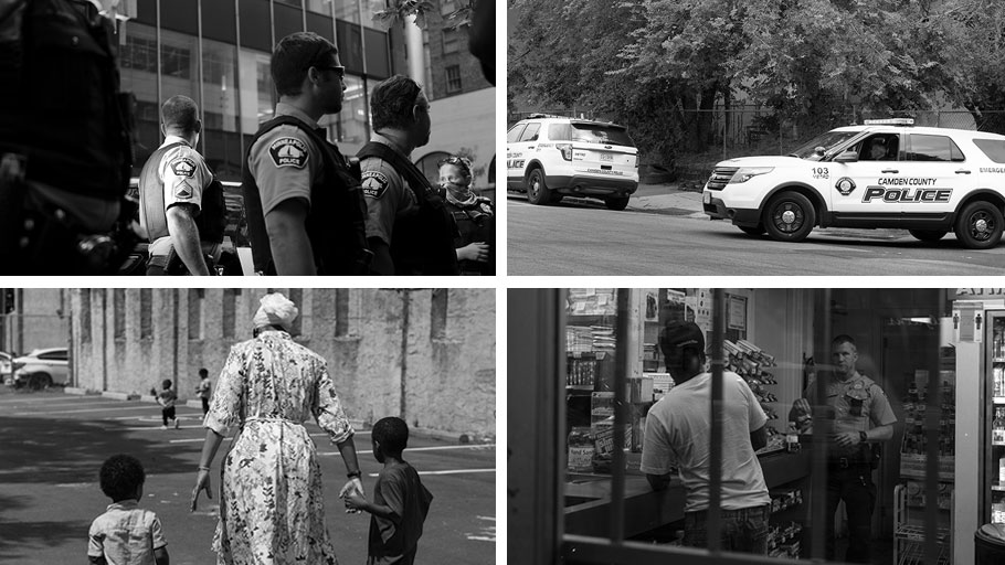Clockwise from top left: Police officers in Minneapolis; two Camden County, N.J., police vehicles; an officer at a Minneapolis gas station; and Sister Chabree Muhammad, with kids in Camden in July.