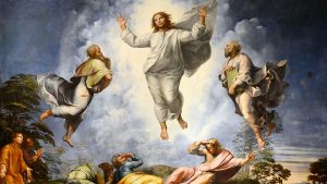 Painting depicting transfiguration of Jesus, a story in the New Testament when Jesus becomes radiant upon a mountain.