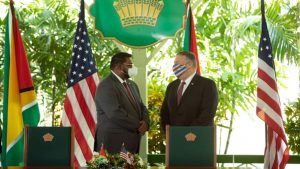 President of Guyana Dr Irfaan Ali (L) and US Secretary of State Mike Pompeo at a joint press conference at State House in Georgetown