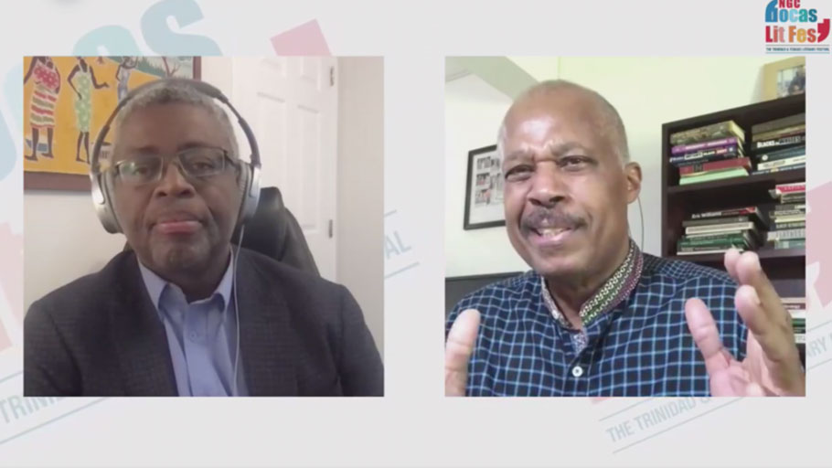 Screenshot of the Facebook live stream of Bocas Lit Fest's “The Case for Reparations,” a conversation with Sir Hilary Beckles (right), chaired by Andy Knight (left), which took place on October 11, 2020.