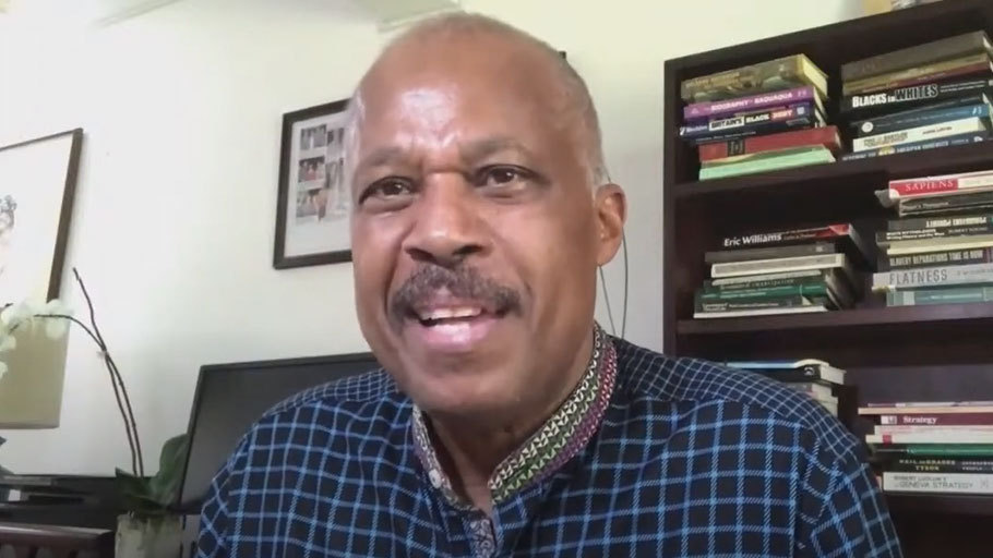 Screenshot of the Facebook live stream of Bocas Lit Fest’s “The Case for Reparations,” a conversation with Sir Hilary Beckles (right), chaired by Andy Knight, which took place on October 11, 2020.