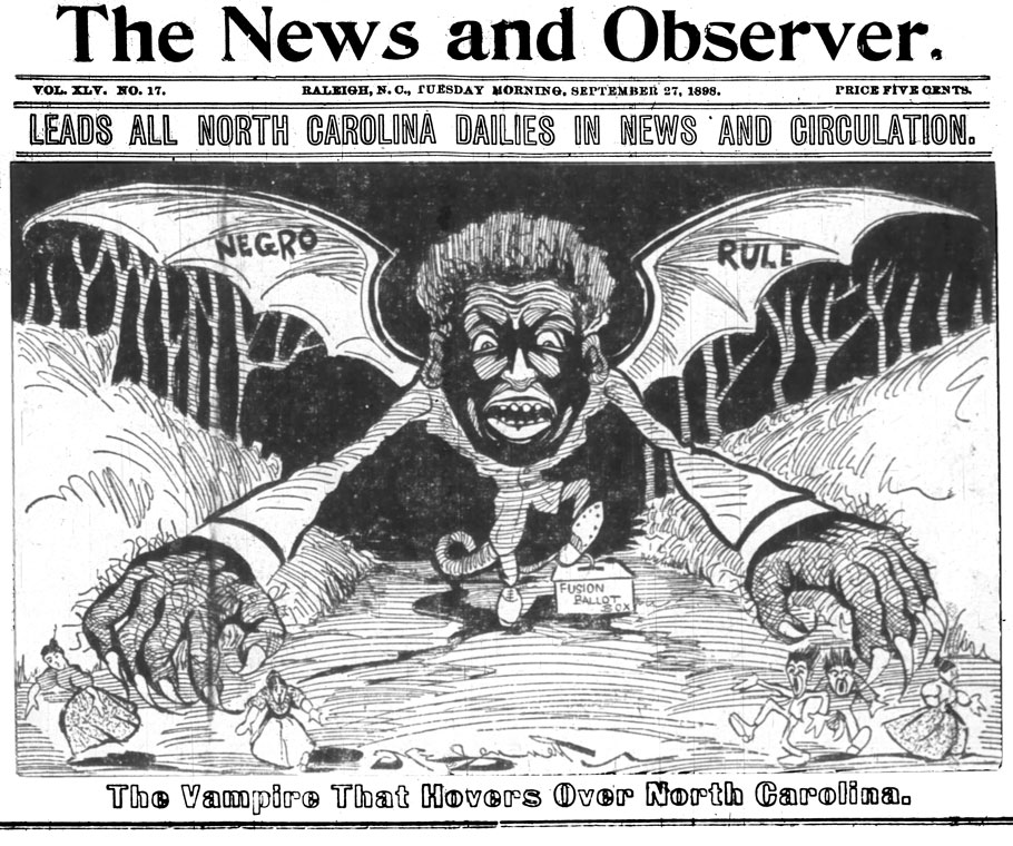A depiction of a ravenous vampire representing "negro rule" in North Carolina. 