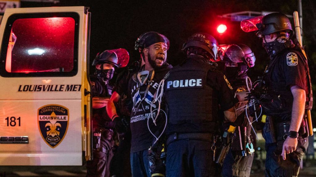 A demonstrator is arrested on September 26, 2020, in Louisville, Kentucky.