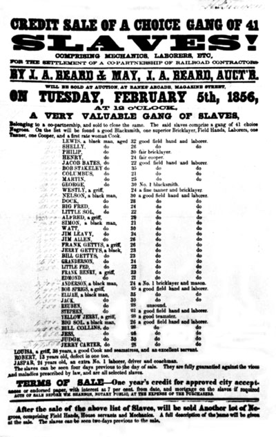 Poster announcing a slave sale in 1856
