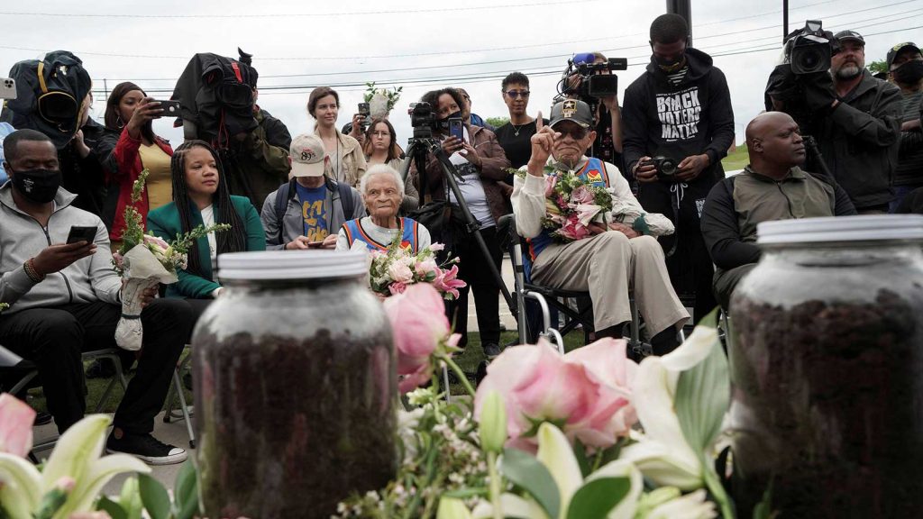 Survivors and siblings Viola Fletcher and Hughes Van Ellis attend the soil dedication at Stone Hill