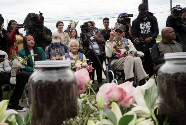 Survivors and siblings Viola Fletcher and Hughes Van Ellis attend the soil dedication at Stone Hill