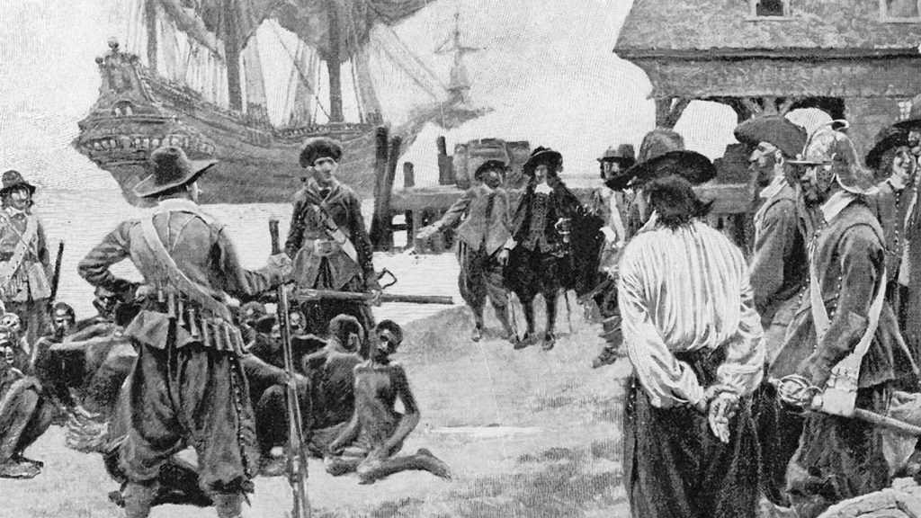 Illustration of the importation of captive Africans at Jamestown in 1619, Howard Pyle, 1910.