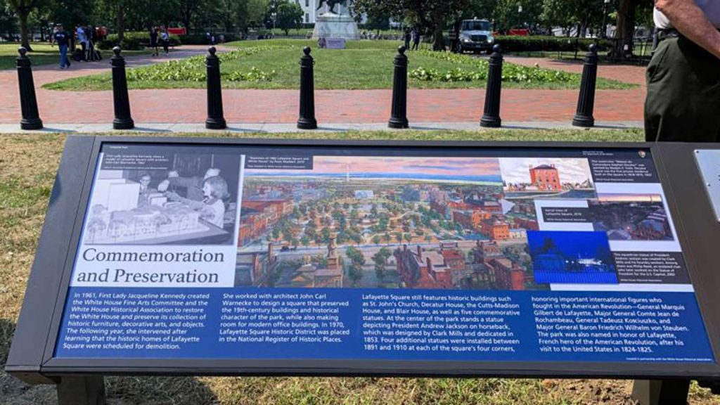 A new historical marker that focuses on former first lady Jacqueline Kennedy, who formed the White House Historical Association in 1961, is displayed at the northern end of Lafayette Park on Wednesday, July 28, 2021, in Washington.