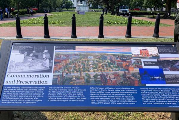 A new historical marker that focuses on former first lady Jacqueline Kennedy, who formed the White House Historical Association in 1961, is displayed at the northern end of Lafayette Park on Wednesday, July 28, 2021, in Washington.