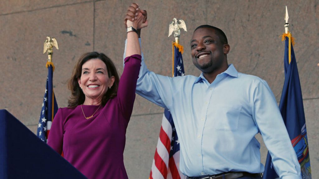 New York Governor Kathy Hochul appears with her choice for Lieutenant Governor, Democratic New York State Senator Brian Benjamin