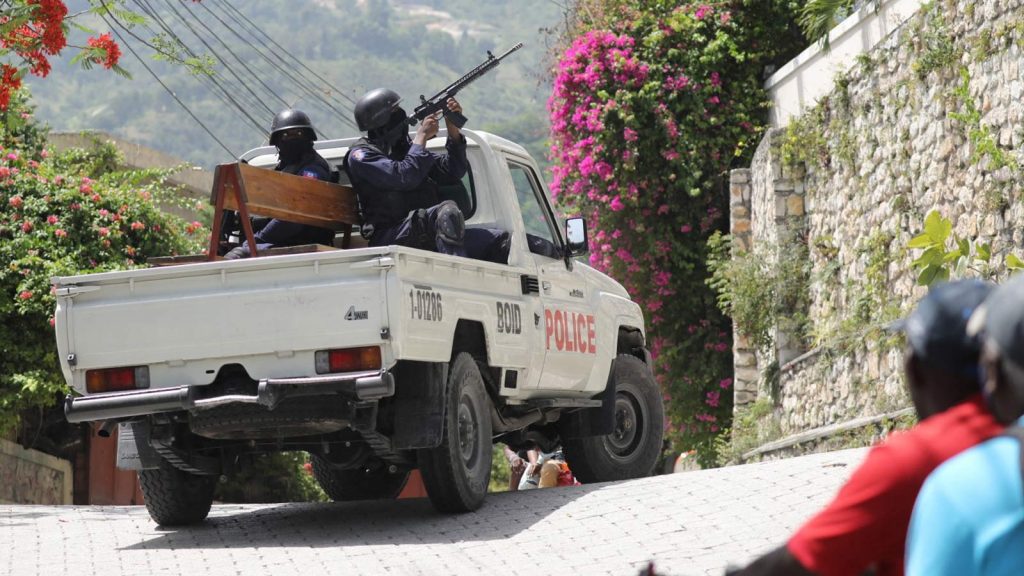 Police patrol outside the Embassy of Taiwan in Port-au-Prince