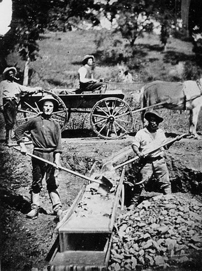 Slave labour: gold mining ikn Spanish Flat, California. 