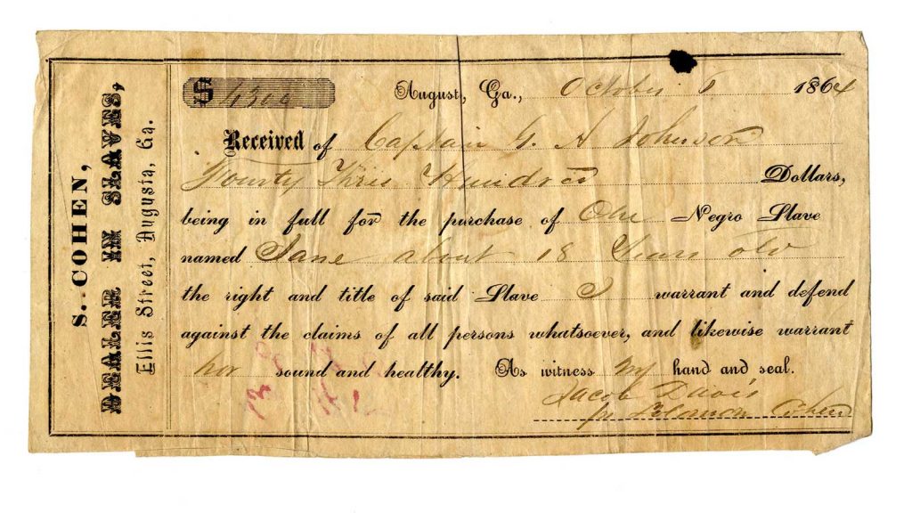 A receipt for the purchase of an 18-year-old enslaved woman named Jane for $4,300. The document was captured from a Confederate ship during the Civil War.