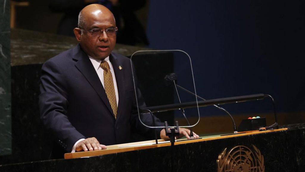 President of the General Assembly Abdulla Shahid speaks at a High-level meeting on the U.N. World Conference Against Racism during the 76th Session of the U.N. General Assembly at United Nations headquarters in New York, on Wednesday, Sept. 22, 2021