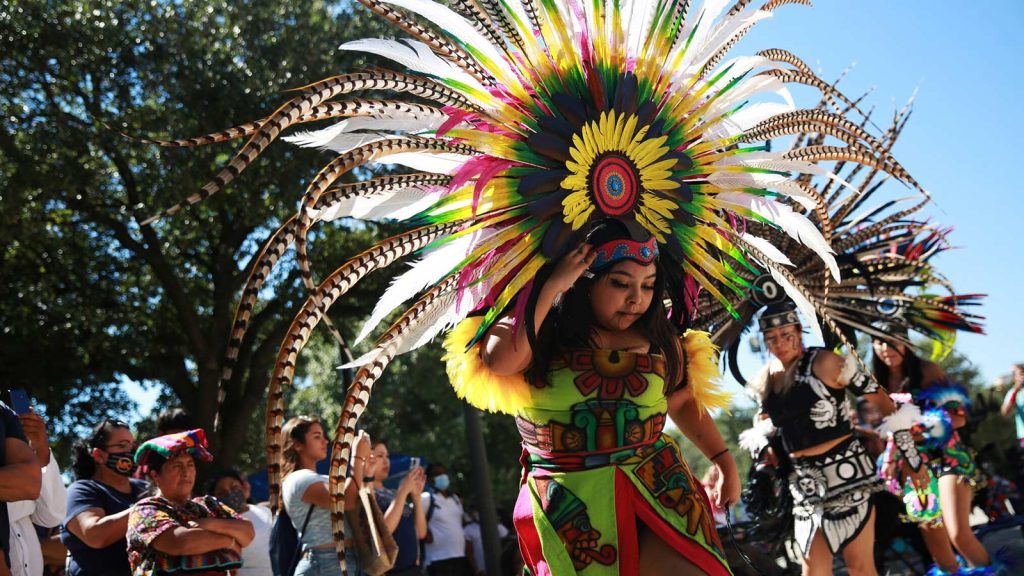 Fatima Garcia of the group Danza Azteca Guadalupana dances during an event celebrating Indigenous Peoples’ Day in Austin, Texas, on Saturday.