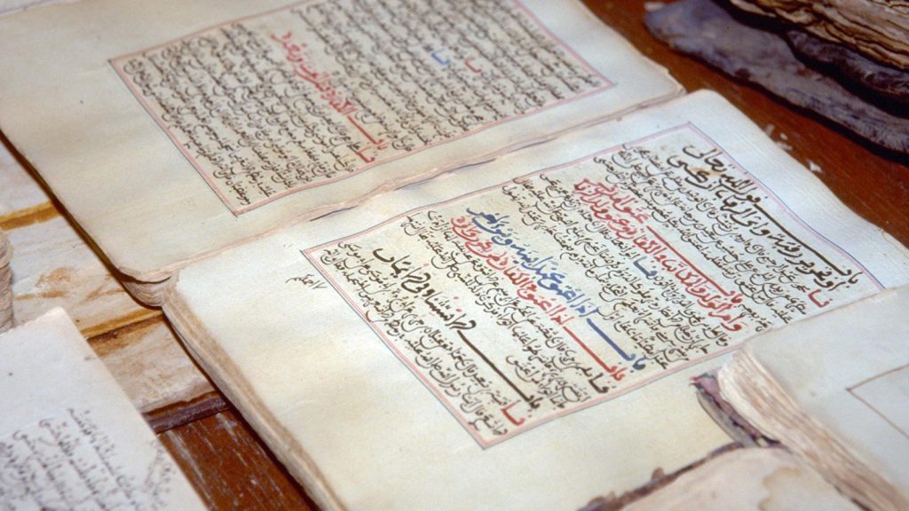 Ancient manuscripts on display at the library in Timbuktu. Mali was home to many prolific mathematicians.