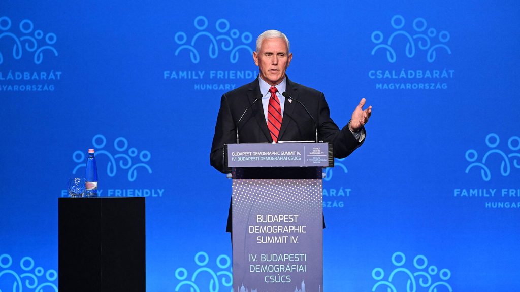 Former vice president Mike Pence gives a speech in Budapest on Sept. 23.