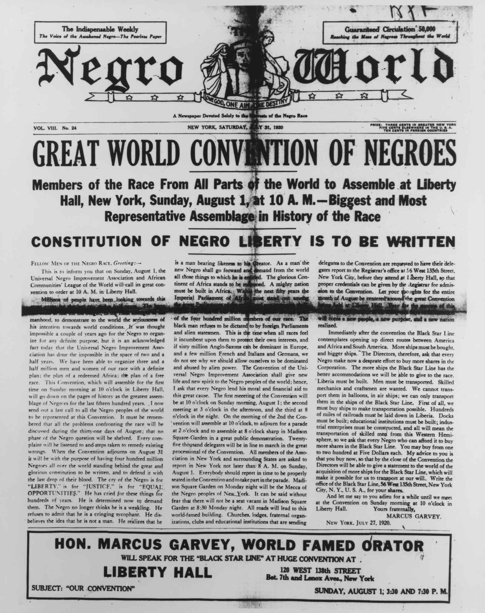 Cover of Negro World, 31 July 1920.