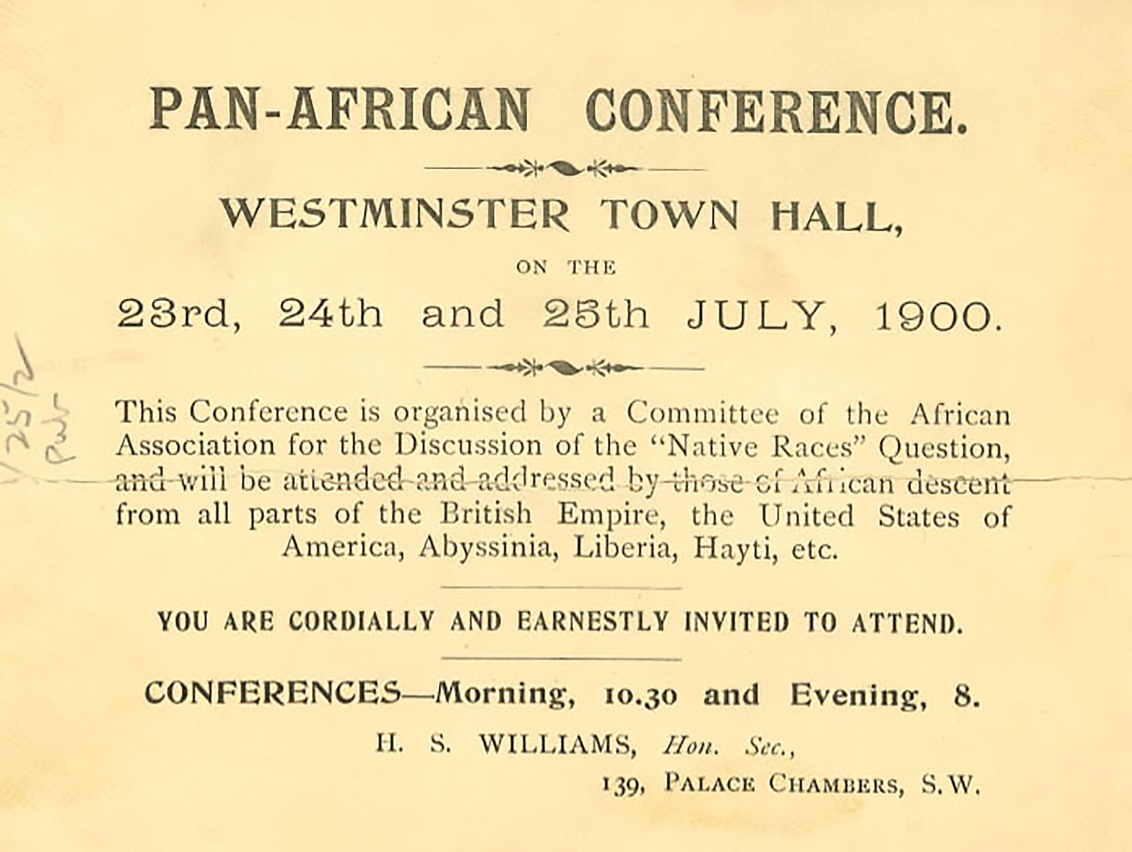 Invitation: Pan-African Conference, Westminster Town Hall, 23th, 24th and 25th of July1900