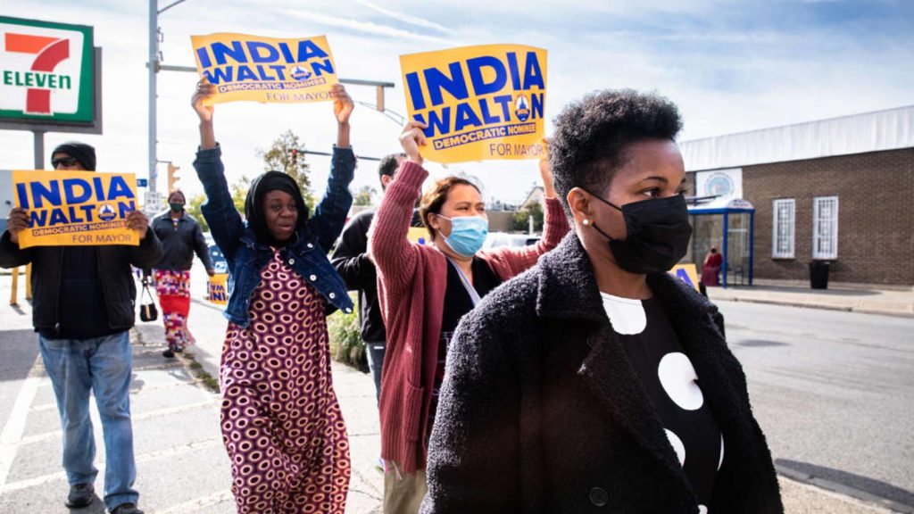 India Walton (in foreground on right), the Democratic Party nominee in the 2021 election for mayor of Buffalo, New York, walks to a polling place with supporters on October 28, 2021.