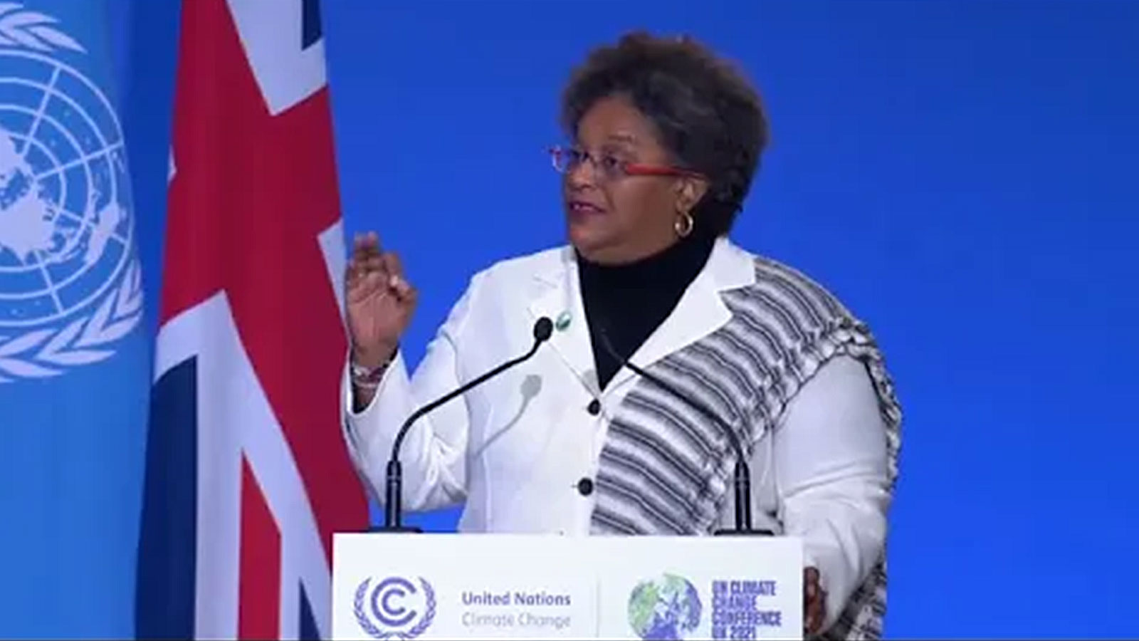 Barbados Prime Minister Mia Mottley addressing the COP26 World Leaders Conference on Climate Change