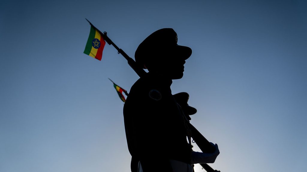 The Republican March Band of Ethiopia stand on guard as a ceremony is held to support the Ethiopian military troops battling against the Tigrayan People Liberation Front on Nov. 7, 2021 in Addis Ababa, Ethiopia