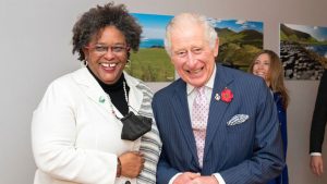 Prince Charles greets the Prime Minister of Barbados Mia Amor Mottley ahead of their bilateral during the Cop26 summit