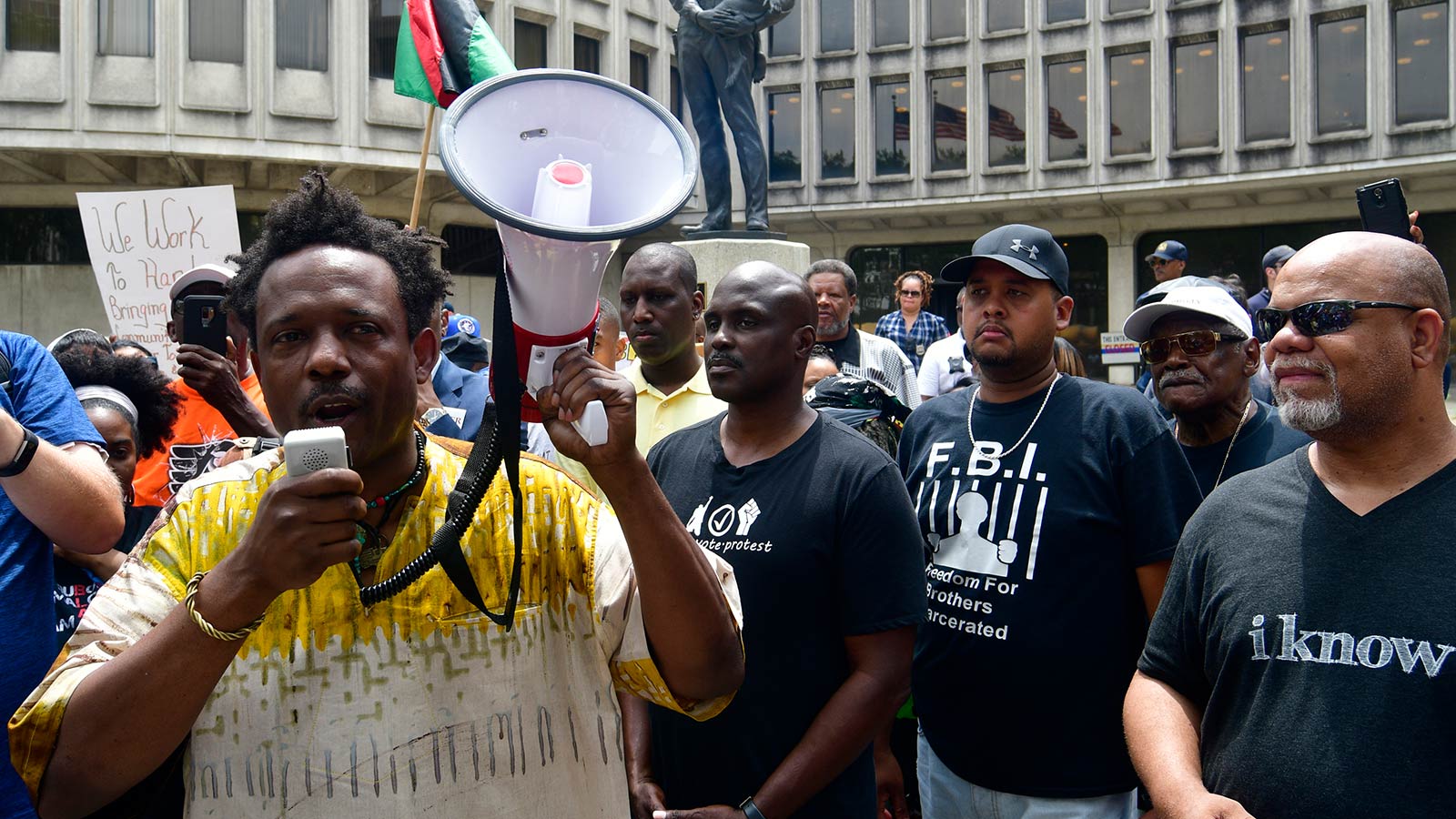 People outside Philadelphia’s police headquarters in 2019 demand the removal of officers from street duty after the commissioner announced an external review of racist or offensive social media posts.