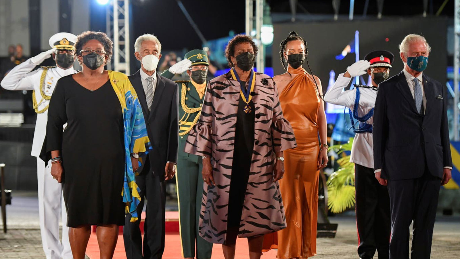 The prime minister of Barbados, Mia Mottley, cricket legend Sir Garfield Sobers, the president of Barbados, Dame Sandra Mason, Rihanna, and Prince Charles attend the presidential inauguration ceremony at Heroes Square on 30 November in Bridgetown