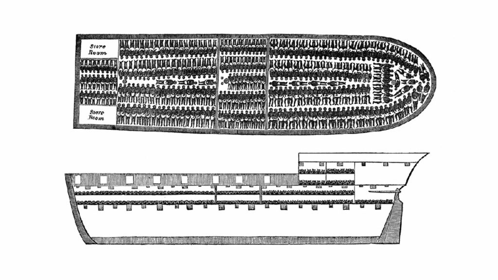 An 18th-century engraving depicting cross sections of a ship used to transport enslaved people from Africa to the Americas and the Caribbean