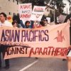 Kathy Masaoka, right, during a 1989 march in Los Angeles against apartheid.
