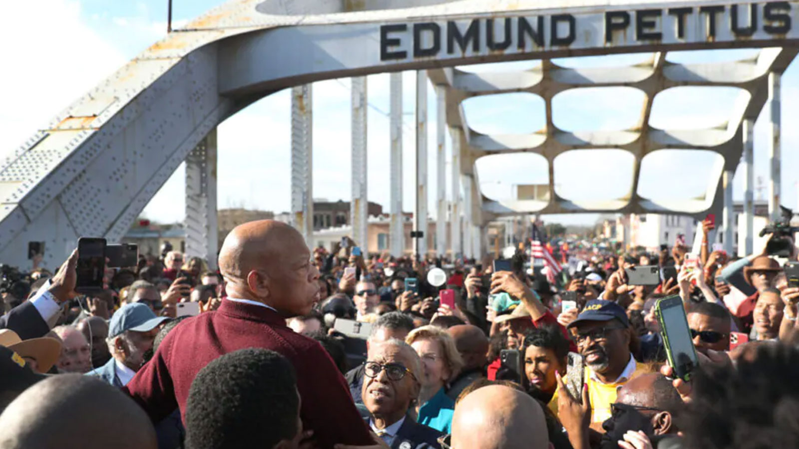 Rep. John Lewis (D-GA) speaks to the crowd at the Edmund Pettus Bridge crossing reenactment marking 55th anniversary of Selma’s Bloody Sunday on March 1, 2020 in Selma, Alabama.
