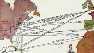 A 19th-century engraving depicting slave trade routes in the 17th and 18th centuries.