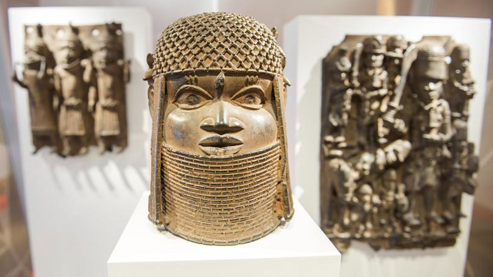 Three pieces of Benin Bronzes are displayed at Museum for Art and Crafts in Hamburg