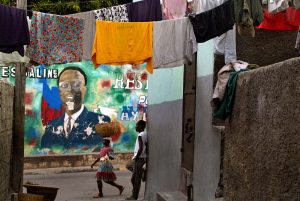 A mural of Jean-Bertrand Aristide, the former president of Haiti.