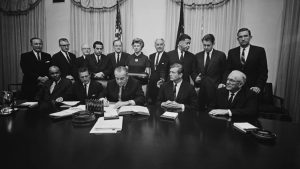 President Lyndon B. Johnson at the first meeting of the National Advisory Commission on Civil Disorders, also known as the Kerner Commission, at the White House, on July 31, 1967.